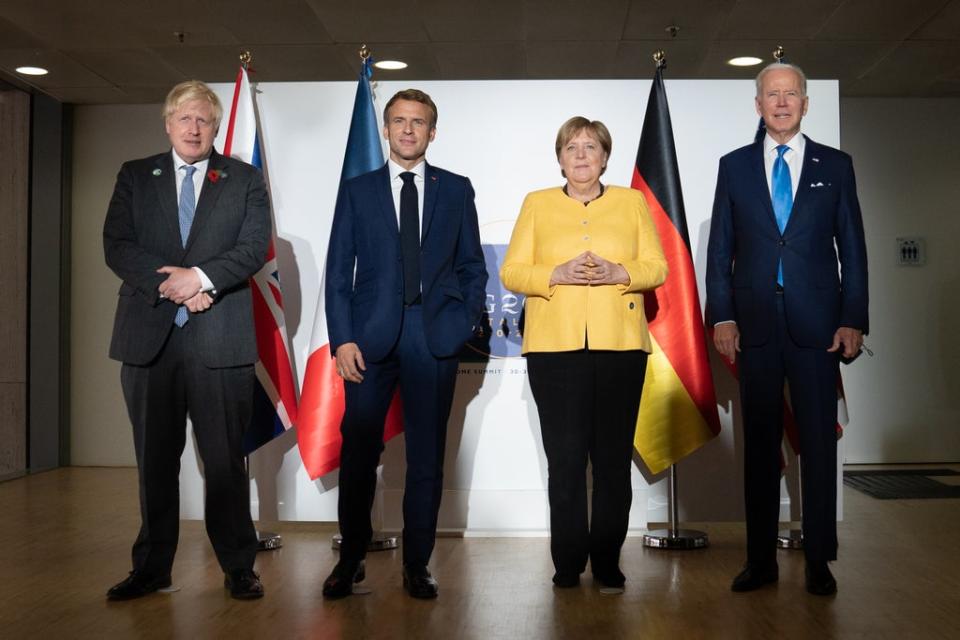 (left to right) Prime Minister Boris Johnson, French President Emmanuel Macron, German Chancellor Angela Merkel and US President Joe Biden (Stefan Rousseau/PA) (PA Wire)