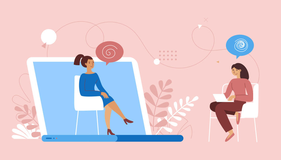 illustration of web therapy with a woman "sitting" in a computer while another sits in a chair outside the computer