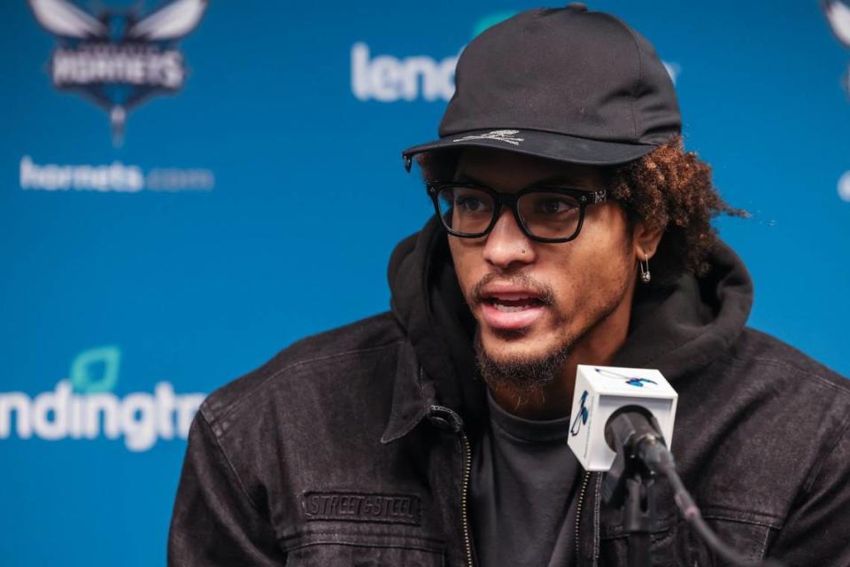 Hornets forward Kelly Oubre, Jr. during interviews wrapping up the end of the Hornets’ season at Spectrum Center on Monday, April 10, 2023. Melissa Melvin-Rodriguez/mrodriguez@charlotteobserver.com