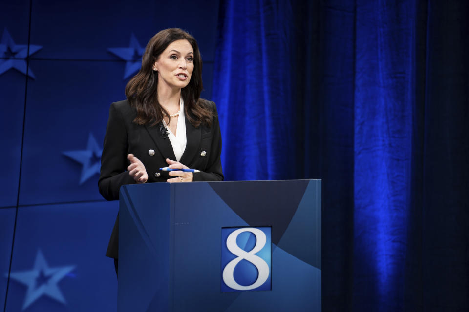 Republican gubernatorial candidate Tudor Dixon speaks during a Michigan Governor debate Thursday, Oct. 13, 2022, at WOOD-TV in Grand Rapid, Mich. (Bryan Esler/Nexstar Media Group/WOOD-TV via AP)