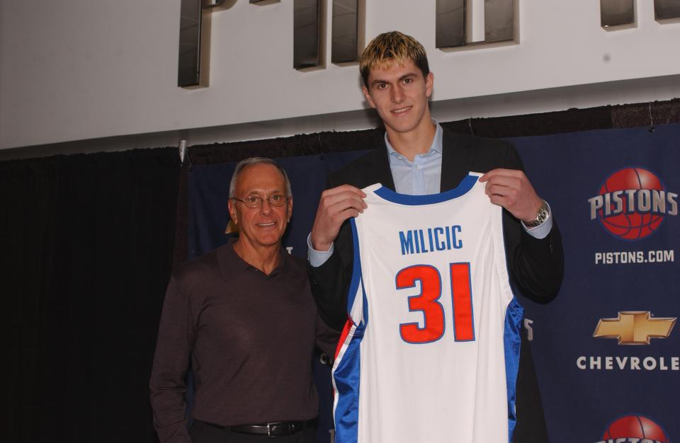 Darko Milicic (R) was taken by the Pistons with the second pick of the 2003 NBA draft, behind LeBron James. Carmelo Anthony, Chris Bosh and Dwyane Wade were drafted after him. (Getty)