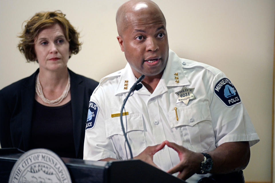 <p>Assistant Police Chief Medaria Arradondo and Mayor Betsy Hodges address the latest developments in the death of Justine Damond, Tuesday, July 18, 2017, in Minneapolis, Minn. (Photo: Richard Tsong-Taatarii/Star Tribune via AP) </p>