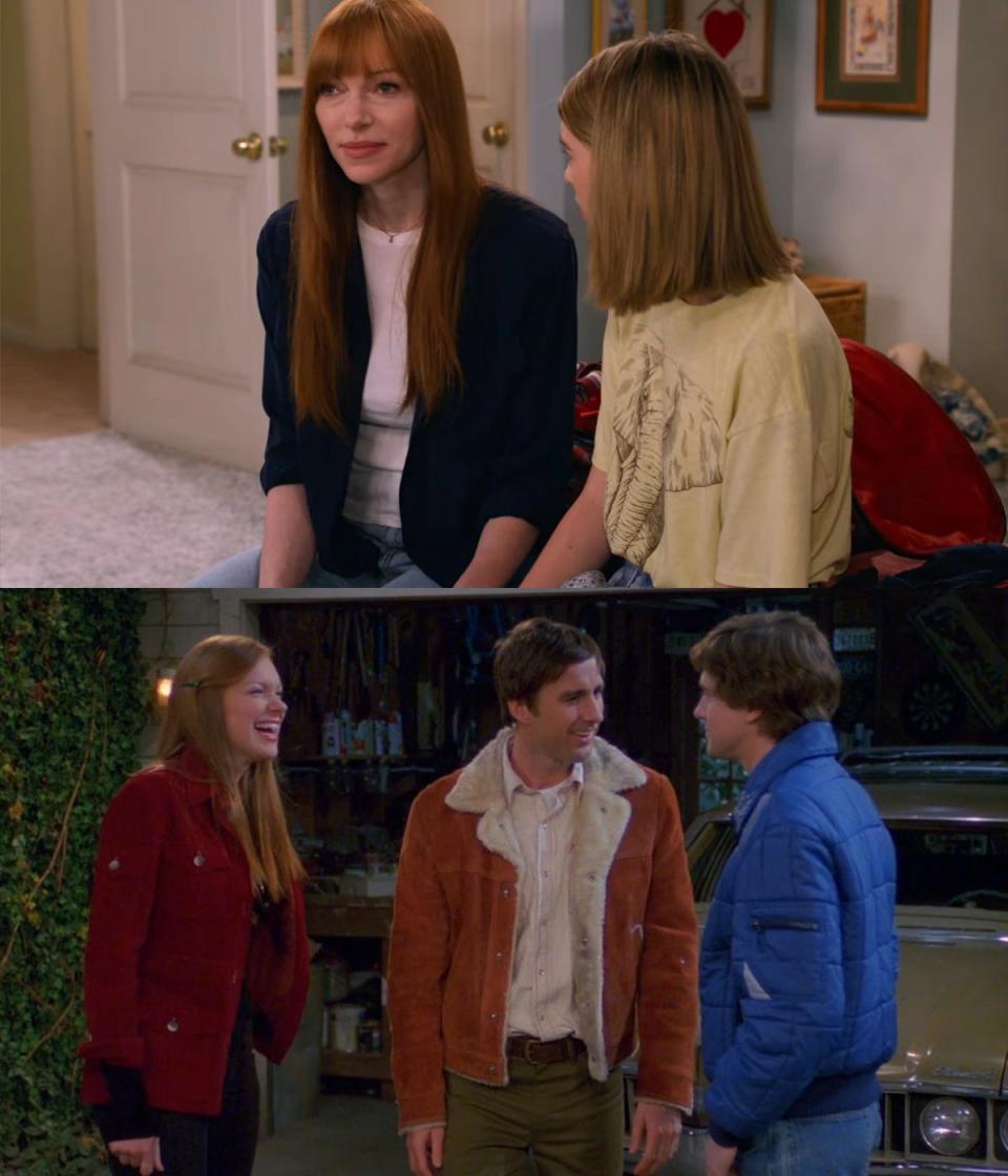 In the top photo: Laura Prepon and Callie Haverda on season one, episode 10 of "That '90s Show." In the bottom photo: Prepon, Luke Wilson, and Topher Grace on season four, episode 16 of "That '70s Show."