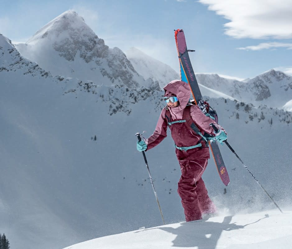 However you're shouldering your skis—“A-frame”-style, pictured above—you’ll want a pack with some added cushioning to protect it (and you) from sharp edges. <p>Courtesy of Dynafit</p>