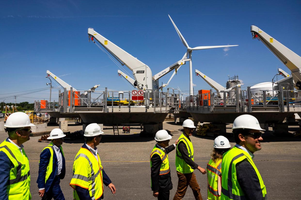 <span>Wind turbine foundation components at a construction hub in Providence, Rhode Island, on 13 June 2024.</span><span>Photograph: Adam Glanzman/Bloomberg via Getty Images</span>