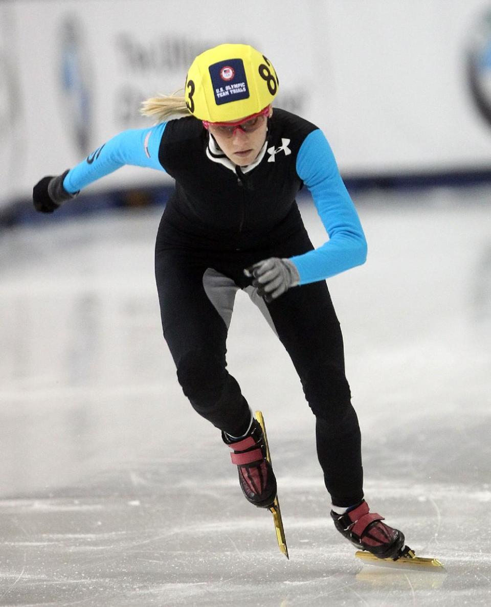 Emily Scott competes in the women's 1,000 meters during the U.S. Olympic short track speedskating trials on Sunday, Jan. 5, 2014, in Kearns, Utah. (AP Photo/Rick Bowmer)