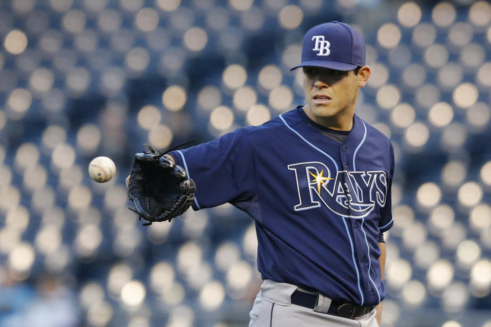 Tampa Bay Rays starting pitcher Matt Moore during a baseball game against the Kansas City Royals at Kauffman Stadium in Kansas City, Mo., Monday, April 7, 2014. (AP Photo/Orlin Wagner)