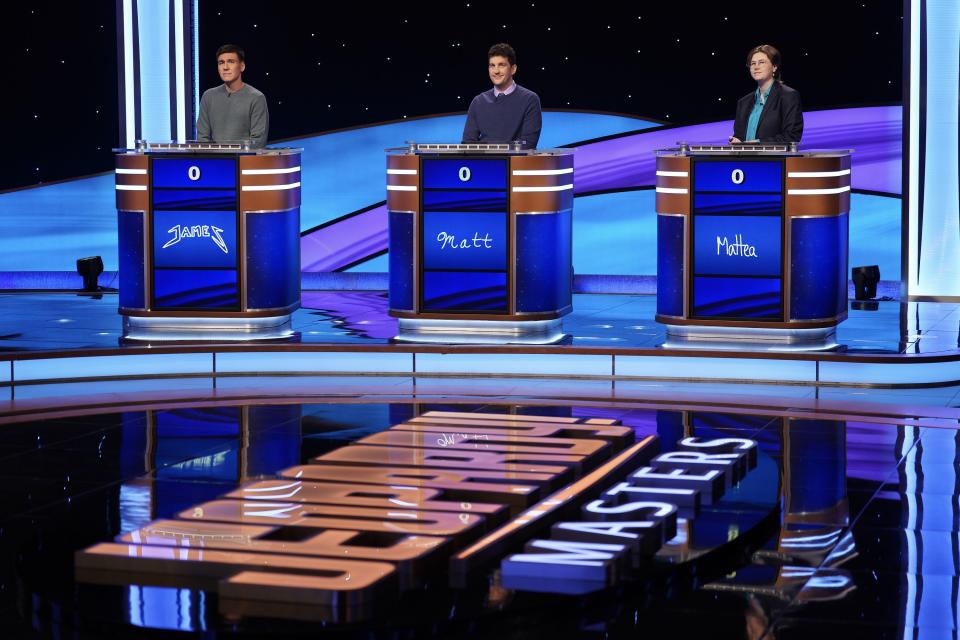 James Holzhauer, Matt Amodio and Mattea Roach compete in the finals of the “Jeopardy!” Masters tournament. | ABC