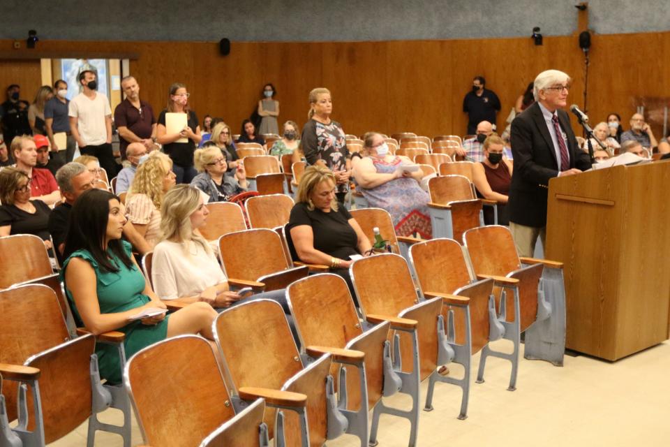 People are shown at the Wayne Township Municipal Building during the open comment section of the Wayne Board of Education meeting. Most people spoke about a letter that the board drafted to ask Gov. Murphy not to force students and teachers to wear masks in schools. Thursday, August 26, 2021