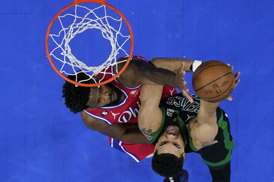 Philadelphia 76ers superstar Joel Embiid and Boston Celtics counterpart Jayson Tatum have legacies on the line in what's left of their Eastern Conference semifinals series. (AP Photo/Matt Slocum)