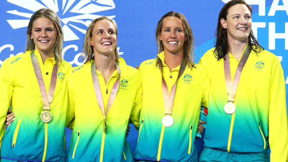 Shayna Jack, Bronte Campbell, Emma Mckeon and Cate Campbell after winning gold in the Women's 4 x 100m Freestyle at the 2018 Commonwealth Games.  (Photo by Clive Rose/Getty Images)