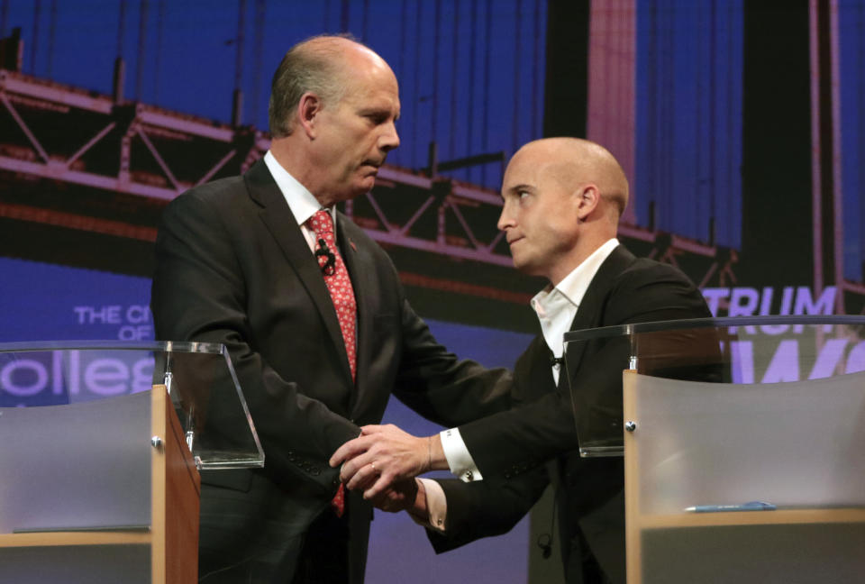 Rep. Daniel Donovan and his Democratic challenger for the 11th Congressional District seat, Max Rose, after a debate on Oct. 16, 2018. (Photo: Staten Island Advance/Bill Lyons/pool/AP)