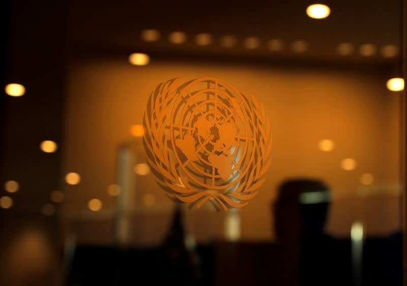 FILE PHOTO: The United Nations logo is seen during the 2019 United Nations Climate Action Summit at U.N. headquarters in New York City, New York, U.S.