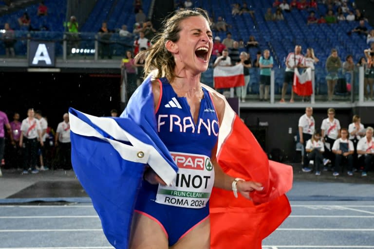 La Française Alice Finot victorieuse du 3000 steeple à l'Euro d'athlétisme, le 9 juin 2024 à Rome (Andreas SOLARO)