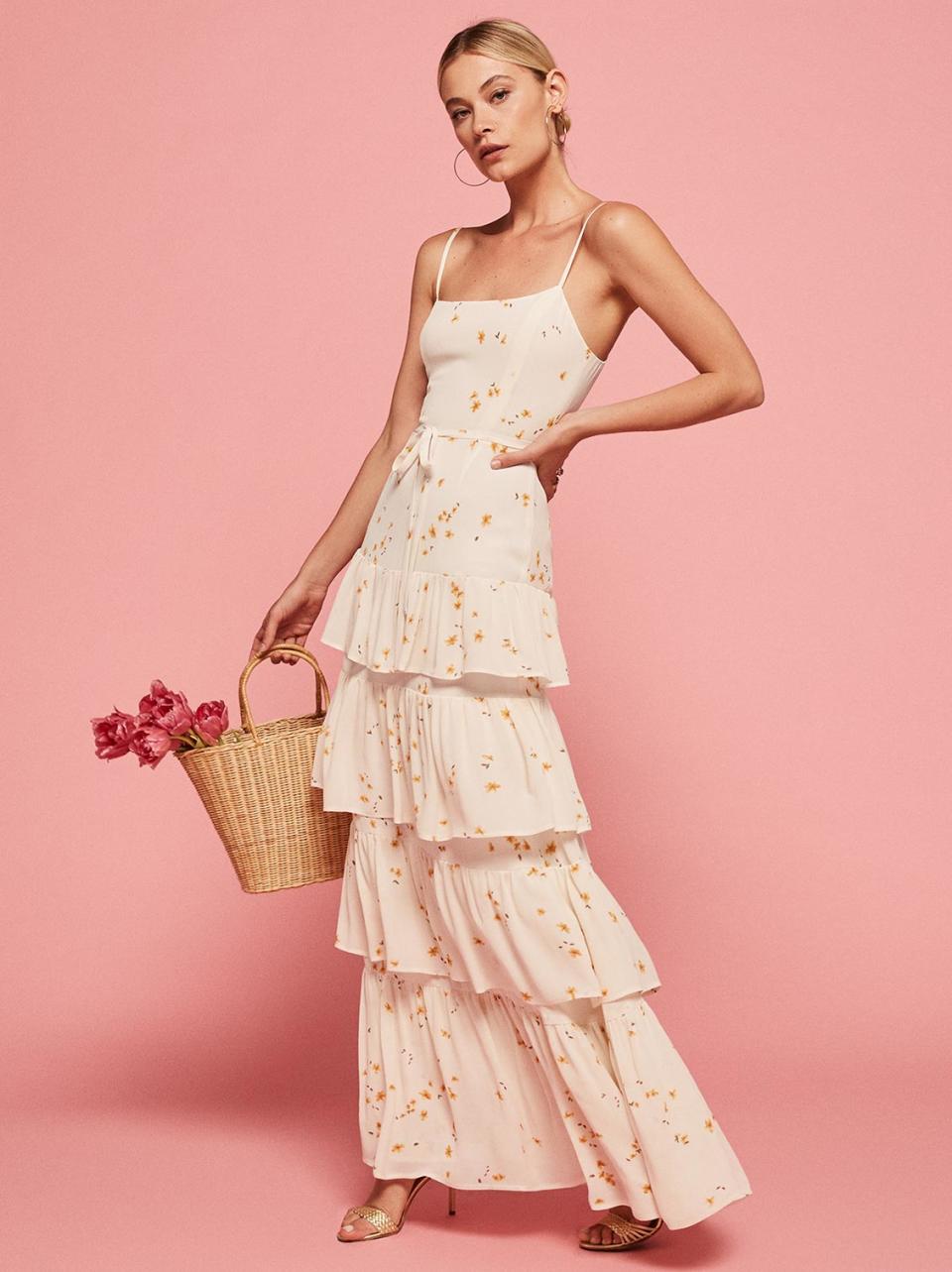 <p>The Foxglove Dress, $428, <a rel="nofollow noopener" href="https://www.thereformation.com/products/foxglove-dress-opium" target="_blank" data-ylk="slk:thereformation.com;elm:context_link;itc:0;sec:content-canvas" class="link ">thereformation.com</a> </p>