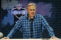 Denver Broncos president of football operations and general manager John Elway speaks during a press conference at the NFL football scouting combine in Indianapolis, Tuesday, Feb. 25, 2020. (AP Photo/Michael Conroy)