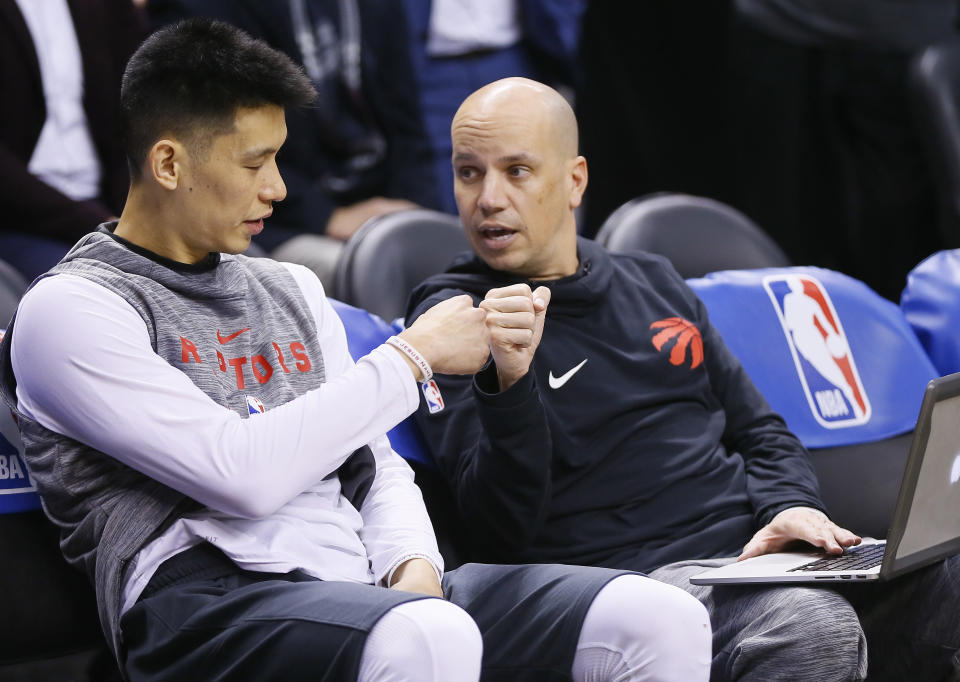 Nate Bjorkgren (right) worked as an assistant for the Toronto Raptors the past two years. (John E. Sokolowski/Reuters via USA TODAY Sports)