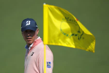 Matt Kuchar of the U.S. looks to the flag pole on the second green during second round play of the 2018 Masters golf tournament at the Augusta National Golf Club in Augusta, Georgia, U.S., April 6, 2018. REUTERS/Brian Snyder