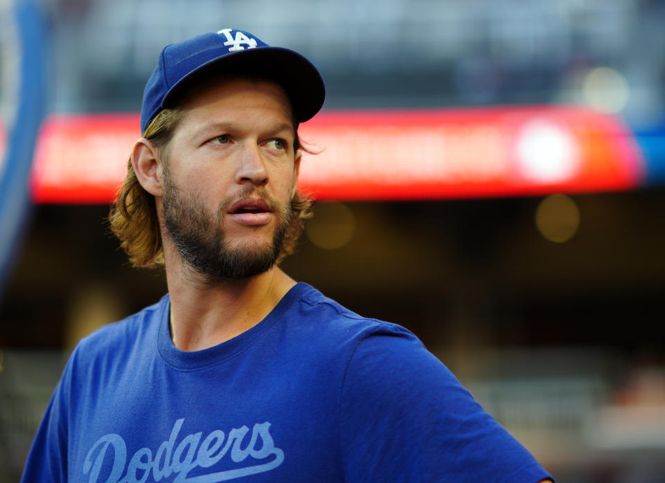 ATLANTA, GA - OCTOBER 23: Clayton Kershaw #22 of the Los Angeles Dodgers is seen during batting practice before Game 6 of the NLCS between the Los Angeles Dodgers and the Atlanta Braves at Truist Park on Saturday, October 23, 2021 in Atlanta, Georgia. (Photo by Daniel Shirey/MLB Photos via Getty Images)