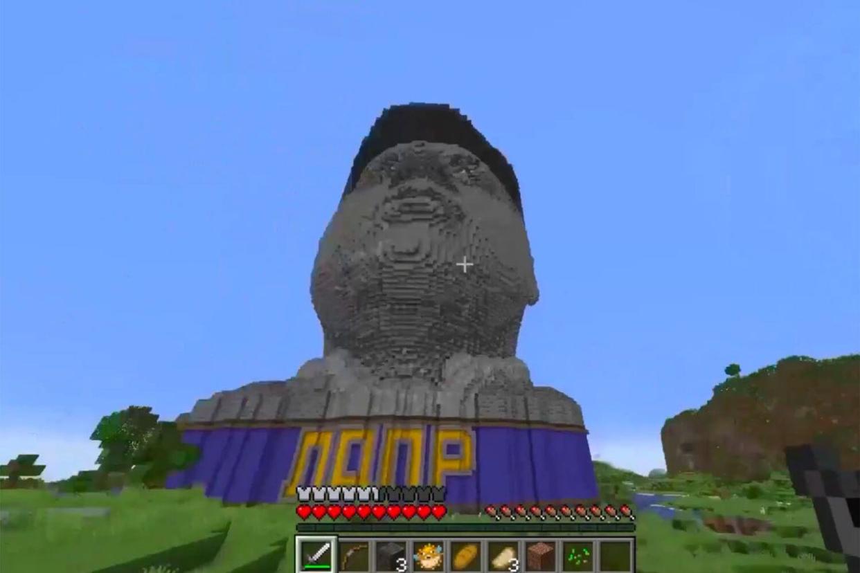 A screenshot of a giant statue of Vladimir Zhirinovksy built in Minecraft.