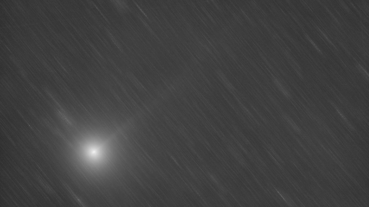  A black and white photograph of a comet streaking through space. 