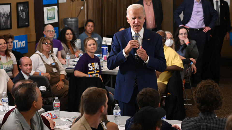 President Biden speaks during an Oregon Democrats grassroots phone banking event at SEIU Local 49 in Portland on Oct. 14. 