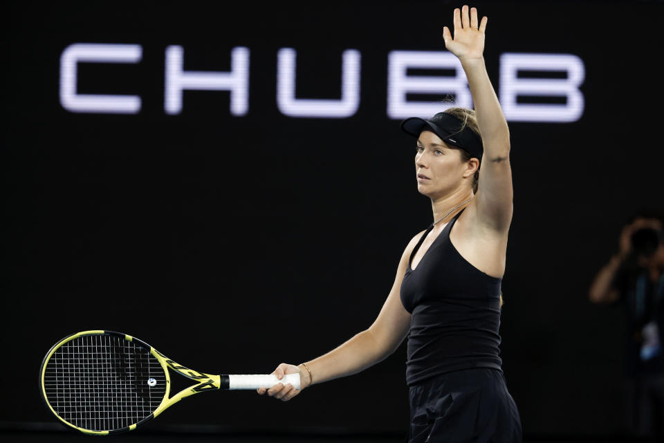 Danielle Collins of the U.S. celebrates after defeating Iga Swiatek of Poland in their semifinal match at the Australian Open tennis championships in Melbourne, Australia, Thursday, Jan. 27, 2022. (AP Photo/Hamish Blair)