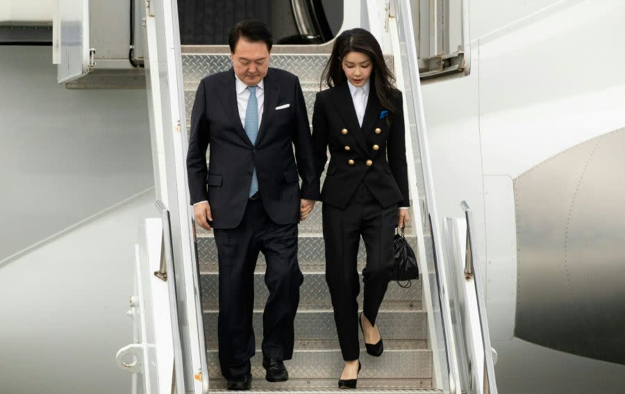 South Korean President Yoon Suk Yeol and First Lady Kim Keon-hee arrive at San Francisco International Airport on November 15, 2023. (Photo by JASON HENRY/AFP via Getty Images)