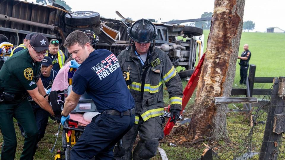 PHOTO: Florida Highway Patrol and Fire Rescue is currently investigating a fatal bus crash which occurred at approximately 6:35 am, Marion County Florida, May 14, 2024. (Marion County Fire Rescue)