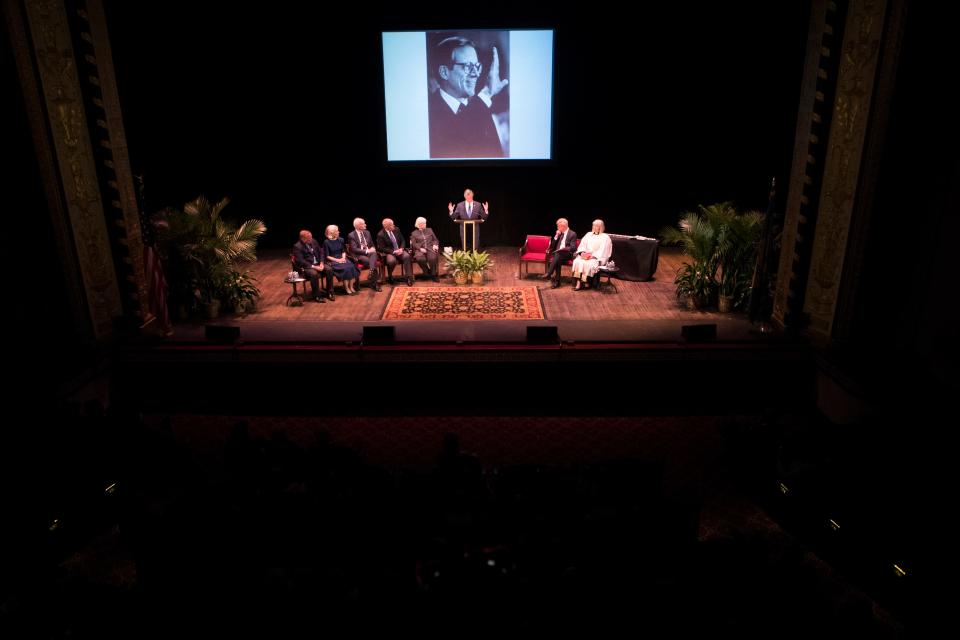 Governor John Carney speaks during a memorial service for Pete du Pont Friday, April 29, 2022, at The Playhouse on Rodney Square. 