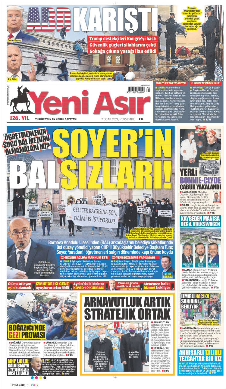 Front page of Turkey's Yeni Asir on Thursday