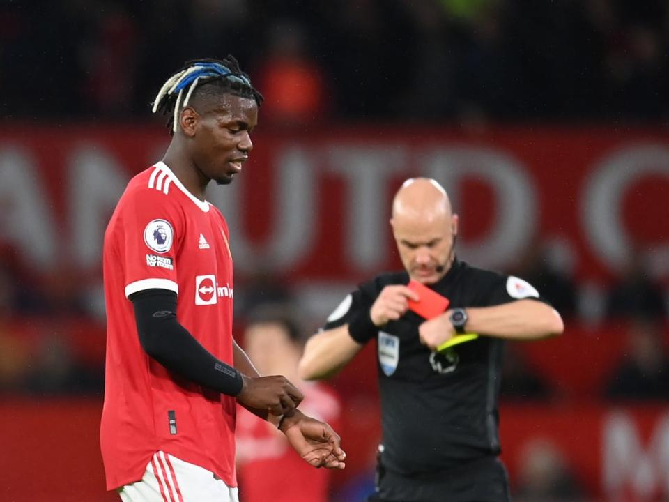 Paul Pogba was sent off for United after a VAR check led referee Anthony Taylor to upgrade his yellow card to a red (Getty)