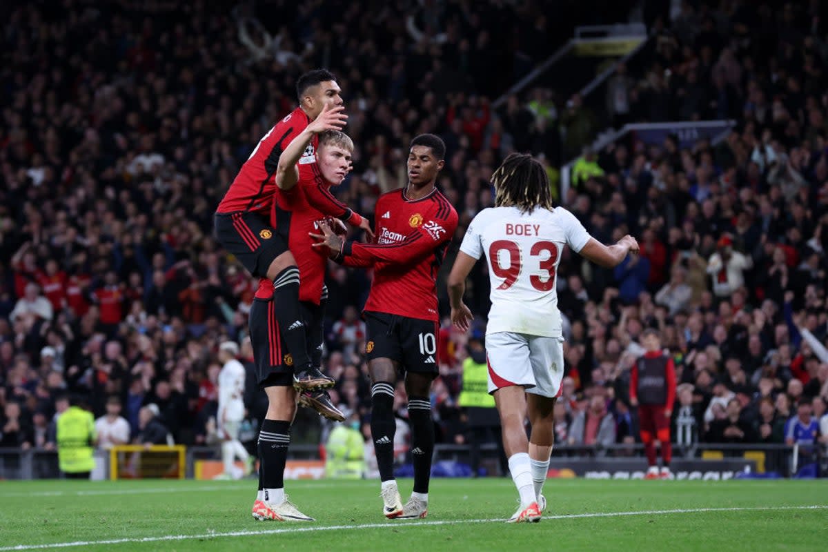 Hojlund is congratulated by teammates after scoring his second goal (Getty)