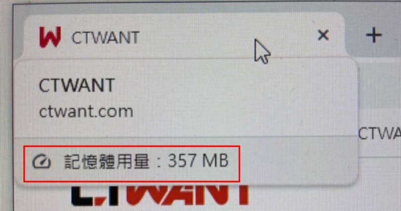 只需將鼠標放在分頁上，就可以看到各分頁的記憶體佔用量。（圖／翻攝《CTWANT周刊王》網頁）