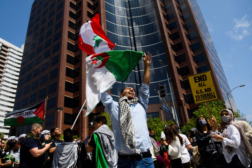 Image: People demonstrate in support of Palestinians during a protest outside the Israeli consulate in Los Angeles on May 15, 2021. (Patrick T. Fallon / AFP - Getty Images)