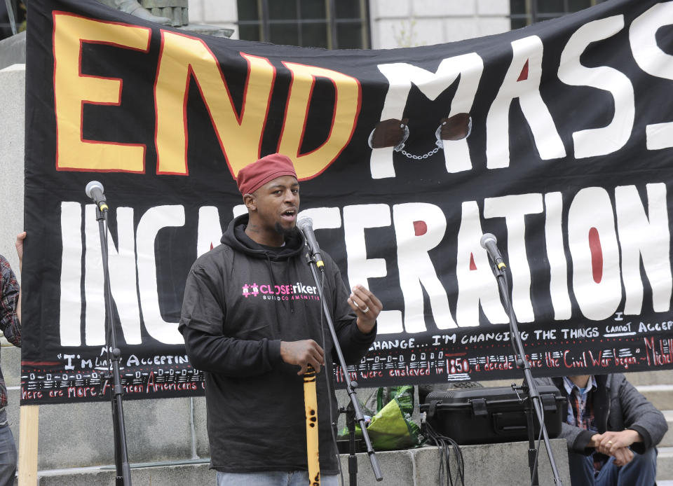 Lashawn Marston, a member of Just Leadership USA, protests with organizations demanding prison justice urge Governor and the State Legislature to overhaul New York State parole and incarceration policies and practices by passing the SAFE Parole Act during a rally at the state Capitol on Wednesday, May 10, 2017, in Albany, N.Y. (AP Photo/Hans Pennink)