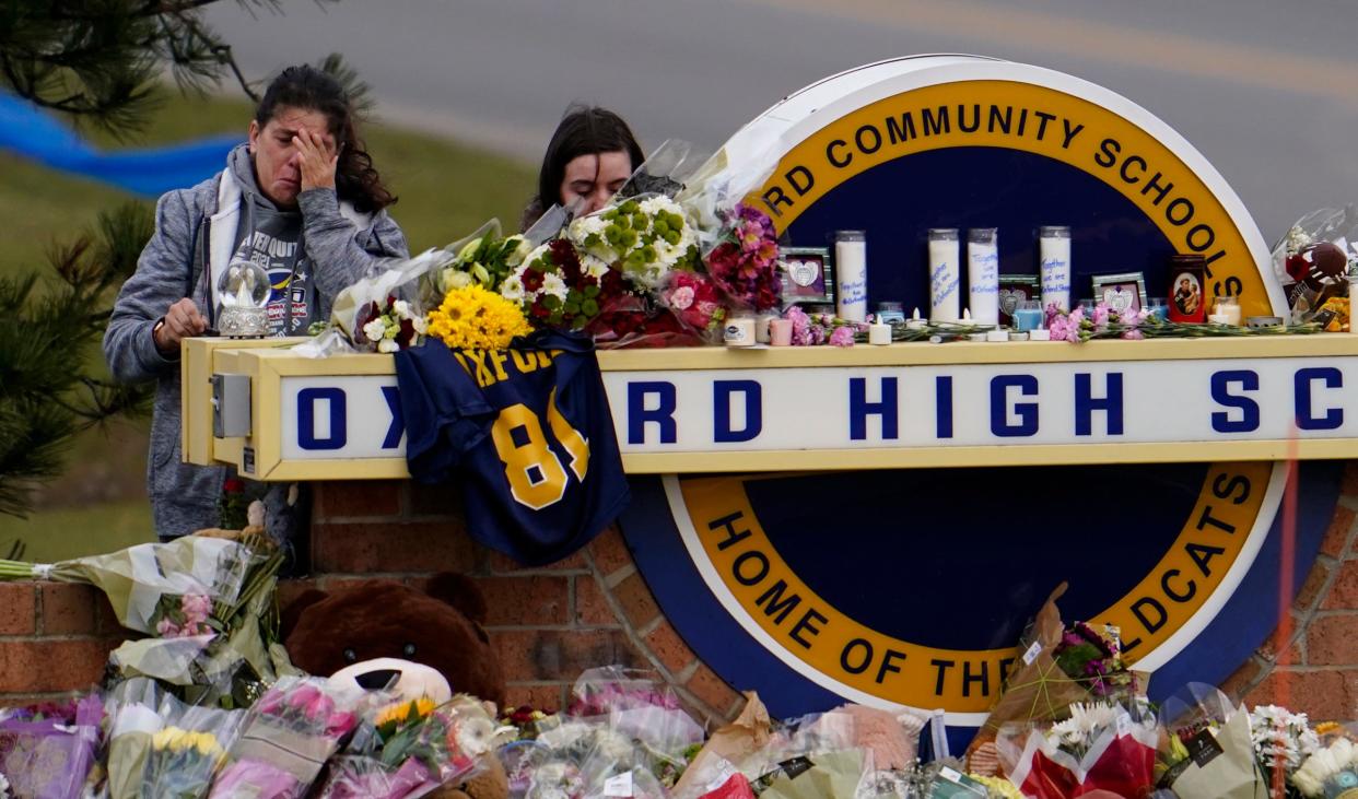 A makeshift memorial at Oxford High School on Dec. 2, 2021.