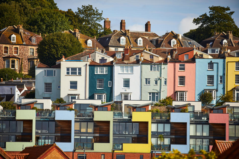 UK house prices landmark colour houses on the hillside  Bristol city centre