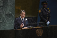 Cyprus' President Nicos Anastasiades speaks during the United Nations General Assembly at United Nations headquarters Thursday, Sept. 26, 2019. (AP Photo/Kevin Hagen)