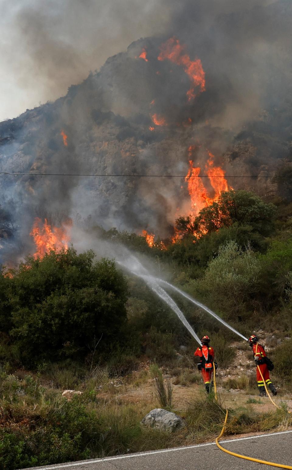 Firefighters work to extinguish a wildfire near Artesa de Segre, Catalonia (Reuters)