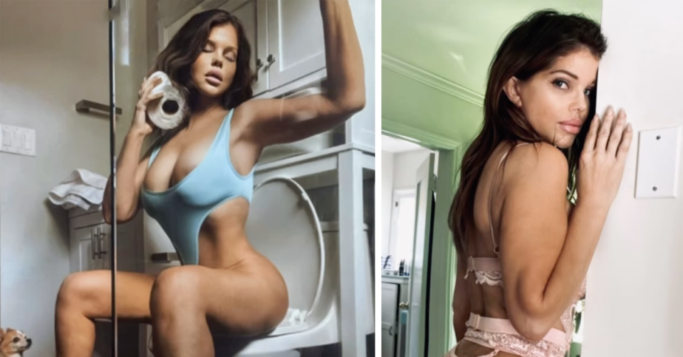 Donna D'Errico sits on a toilet seat (left) and poses in lingerie (right). 