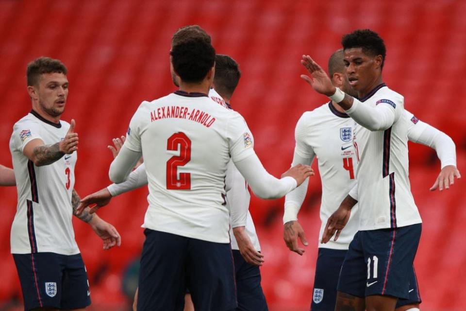 Marcus Rashford celebrates scoring a penalty (Getty)