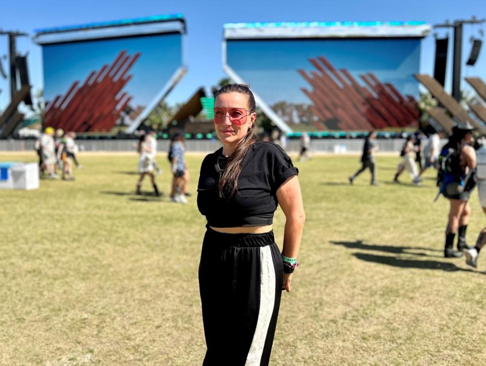 Heather Shaw, CEO and Founder of Vita Motus Design Studio, poses in front of the new Quasar stage at the Coachella Valley Music and Arts Festival in Indio, Calif., on April 19, 2024. Shaw and her team designed the new stage in just five weeks.