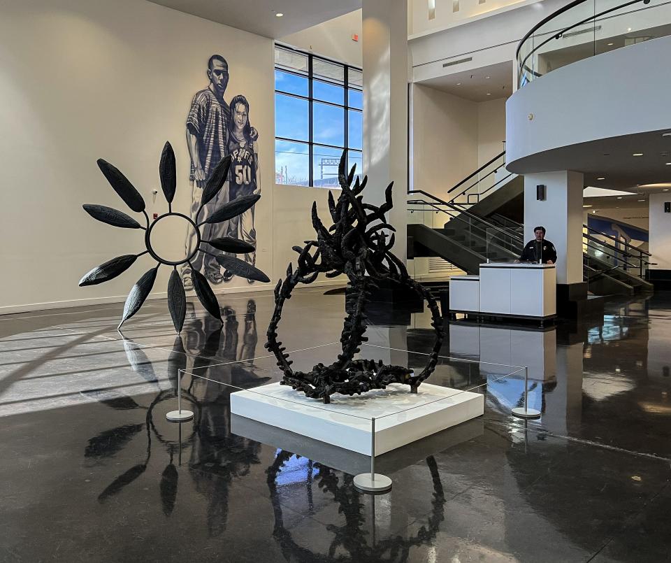 Gaspar Enríquez's work is shown at the El Paso Museum of Art. The artist and craftsman cut the two-story tall cutouts himself.