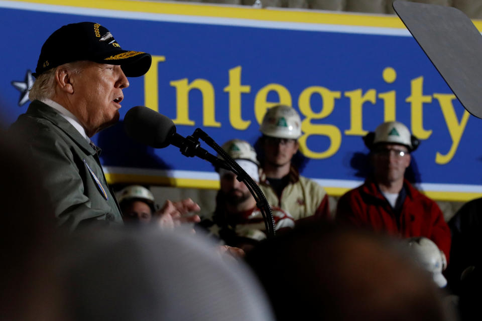 President Trump delivers a speech aboard the U.S. Navy aircraft&nbsp;carrier Gerald R. Ford in Newport News, Virginia.&nbsp; (Photo: Jonathan Ernst / Reuters)