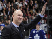 TORONTO, CANADA - FEBRUARY 11: Mats Sundin waves to the crowd during an on ice ceremony as his banner is raised to the rafters prior to NHL game action between the Toronto Maple Leafs and the Montreal Canadiens February 11, 2012 at Air Canada Centre in Toronto, Ontario, Canada. (Photo by Graig Abel/NHLI via Getty Images)