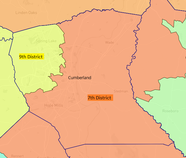 This map shows how Cumberland County is split between 7th and 9th Congressional Districts in the new North Carolina Congressional district maps. The new map is to serve in the 2024 through 2030 elections.