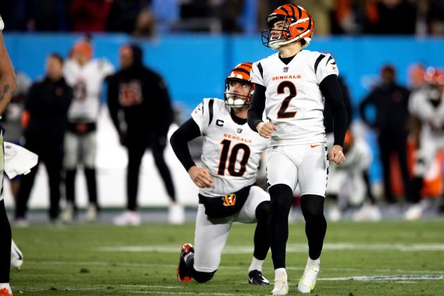 Cincinnati Bengals kicker Evan McPherson (2) runs off the field