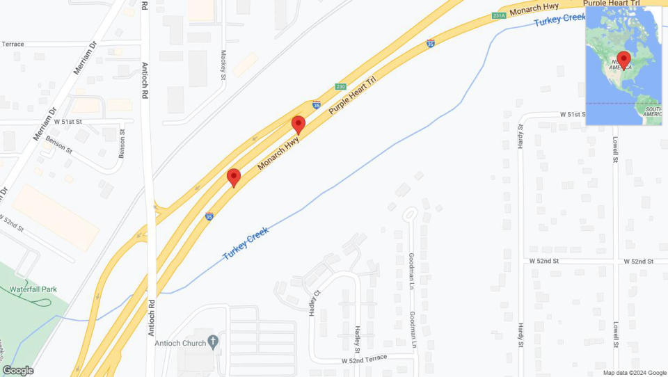 A detailed map that shows the affected road due to 'Broken down vehicle on northbound I-35 in Overland Park' on July 29th at 5:04 p.m.