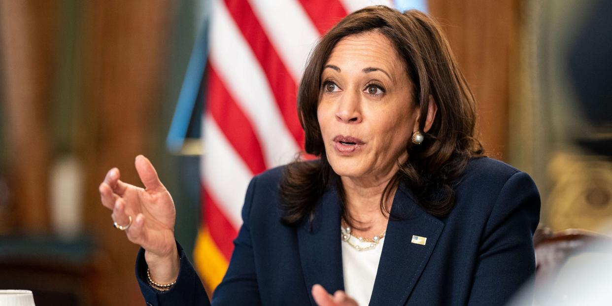 Vice President Kamala Harris holds a virtual bilateral meeting with His Excellency Alejandro Giammattei, President of the Republic of Guatemala in the Vice Presidents Ceremonial Office in the Eisenhower Executive Office Building on Monday, April 26, 2021 in Washington, DC.